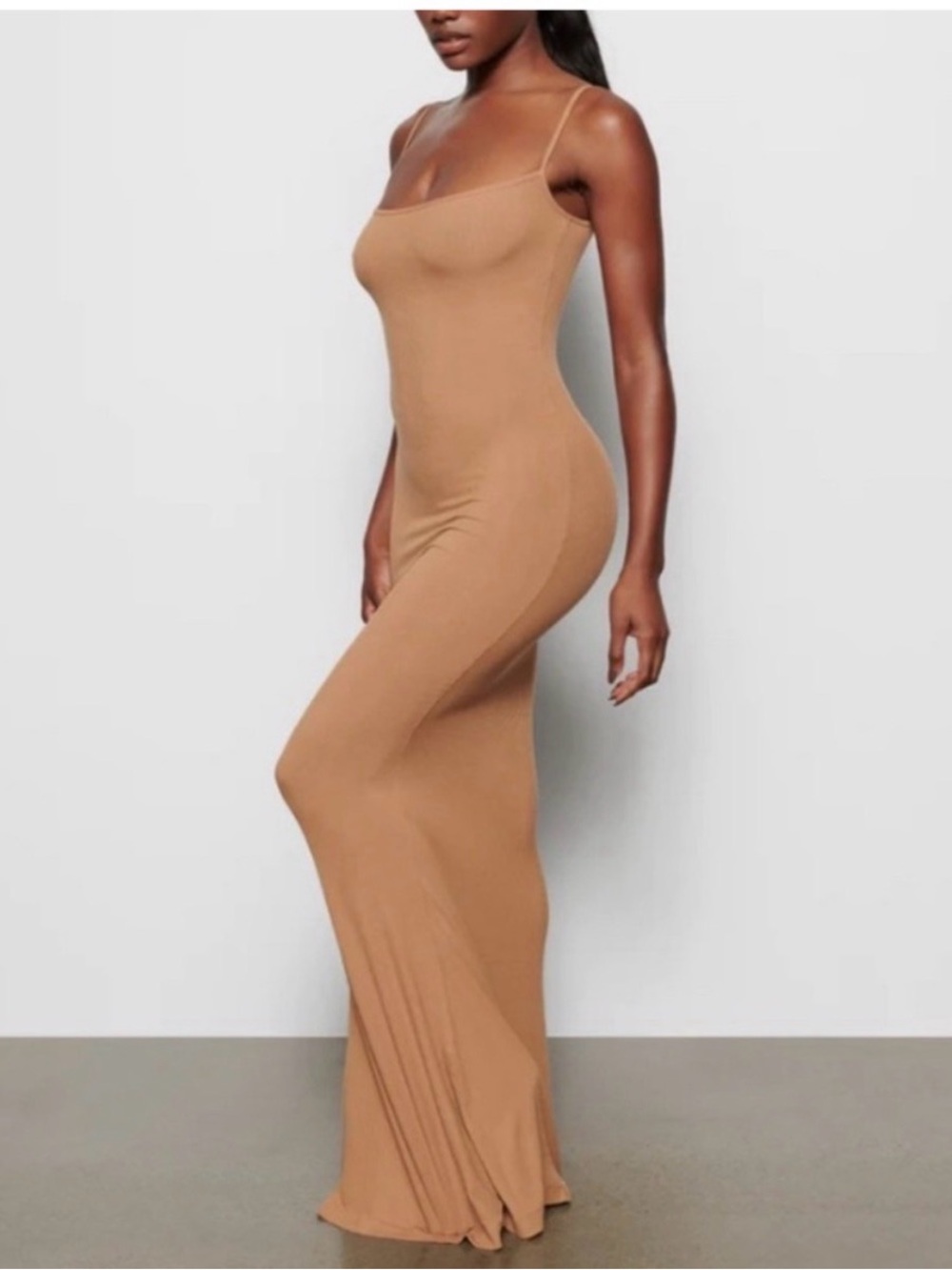SKIMS Ribbed Long Soft Lounge Slip Dress Ribbed Stretch Tan Camel